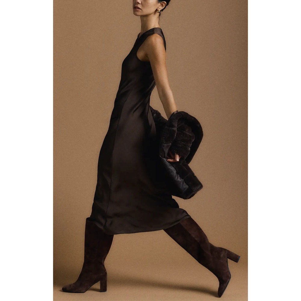 NWT Quince Washable Stretch Silk Tank Midi Dress Hot Fudge Brown Sz S